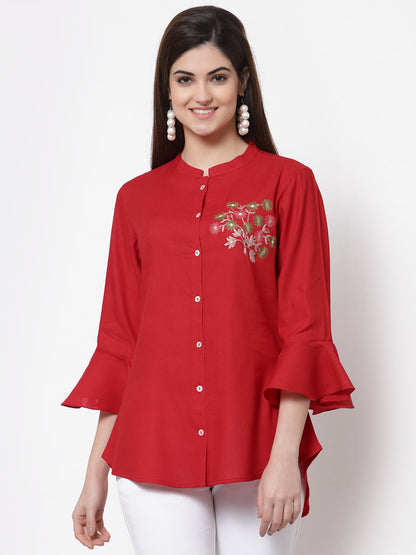 Rayon Embroidered Regular Top (Red)