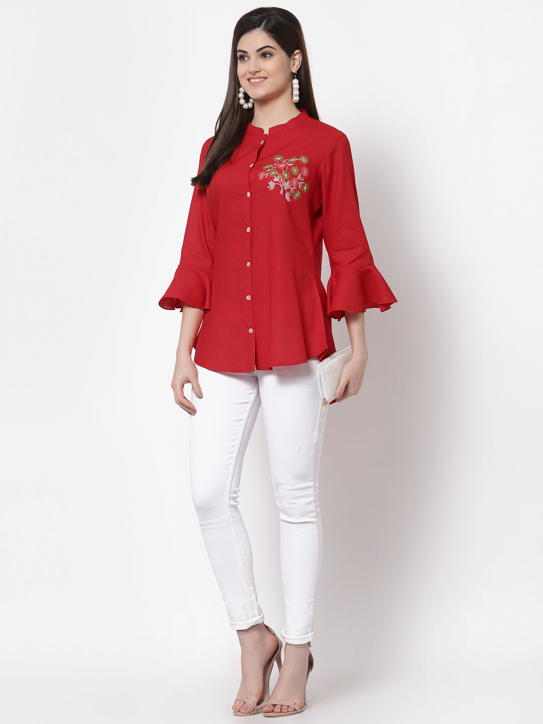 Rayon Embroidered Regular Top (Red)