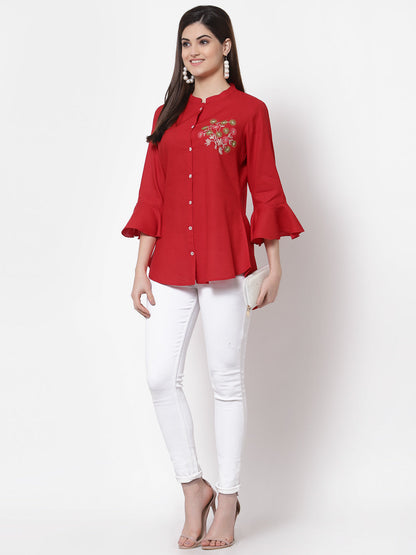 Rayon Embroidered Regular Top (Red)