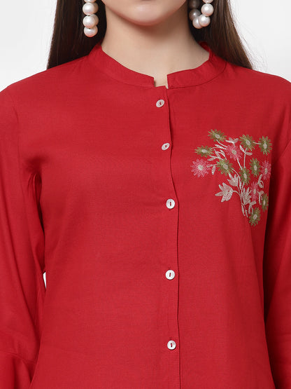 Rayon Embroidered Regular Top (Red)