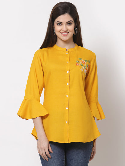 Rayon Embroidered Regular Top (Yellow)