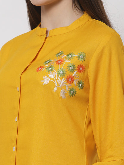 Rayon Embroidered Regular Top (Yellow)