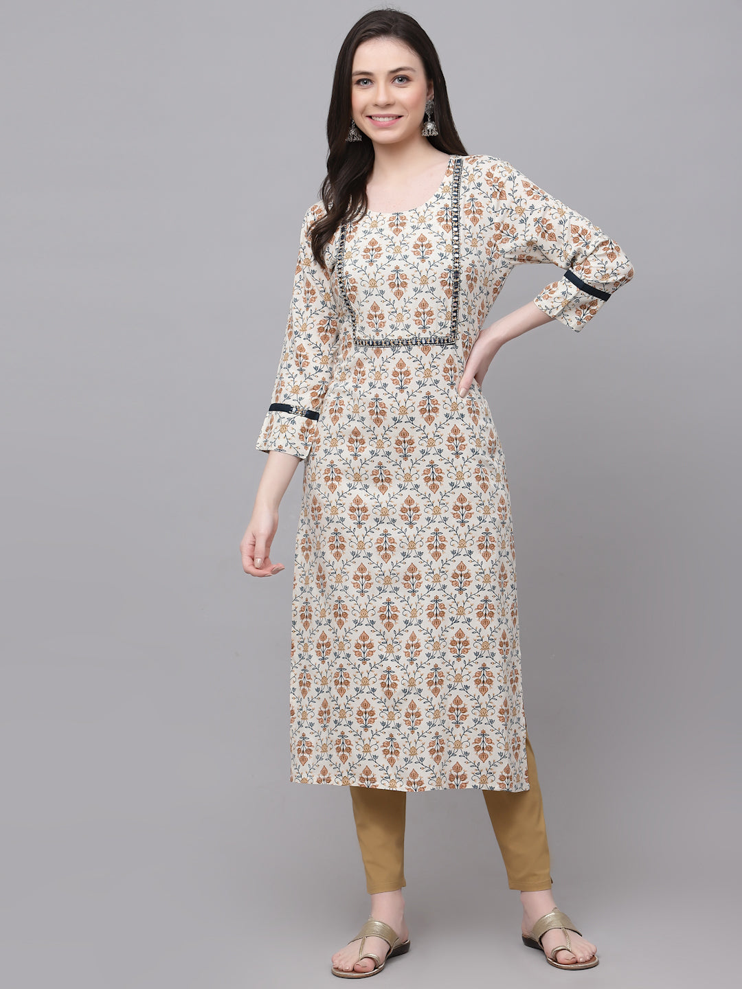 Rayon Embroidered Straight Kurta (Cream)