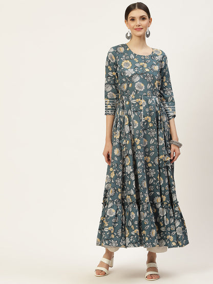 Cotton Printed Anarkali Kurta Grey