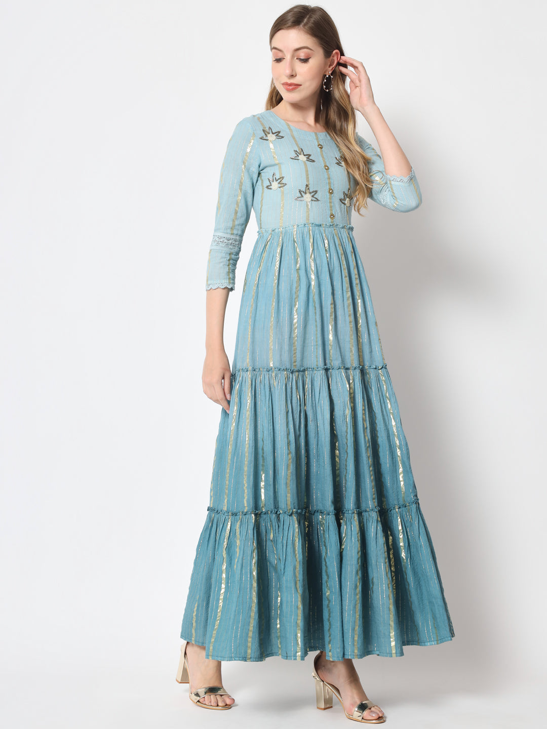 Lurex Cotton Printed Flared Kurta