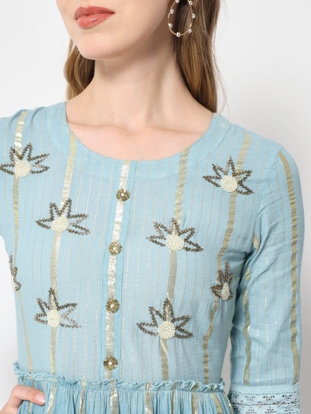 Lurex Cotton Printed Flared Kurta