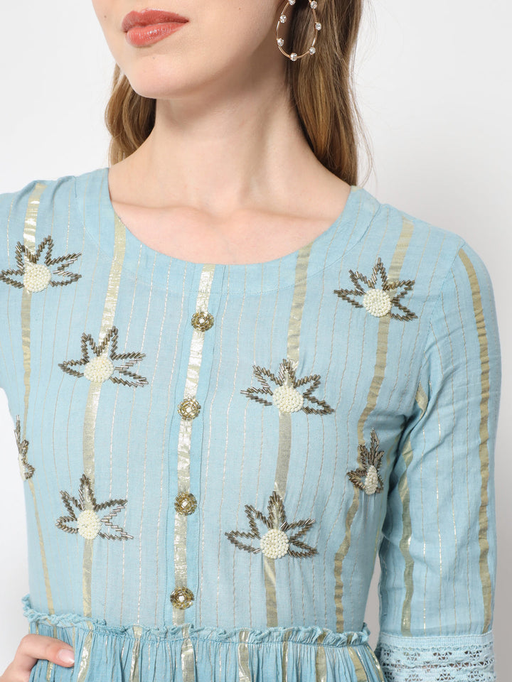 Lurex Cotton Printed Flared Kurta