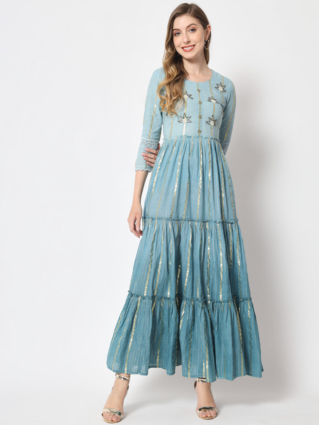 Lurex Cotton Printed Flared Kurta