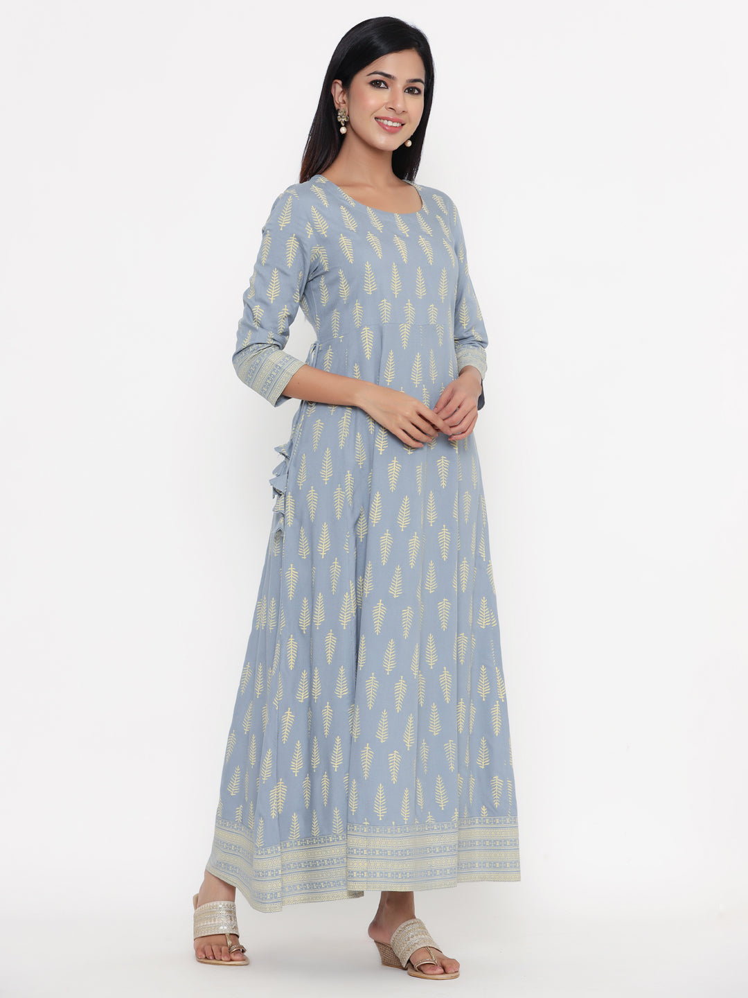 Floral Printed Rayon Anarkali Kurta (Grey)