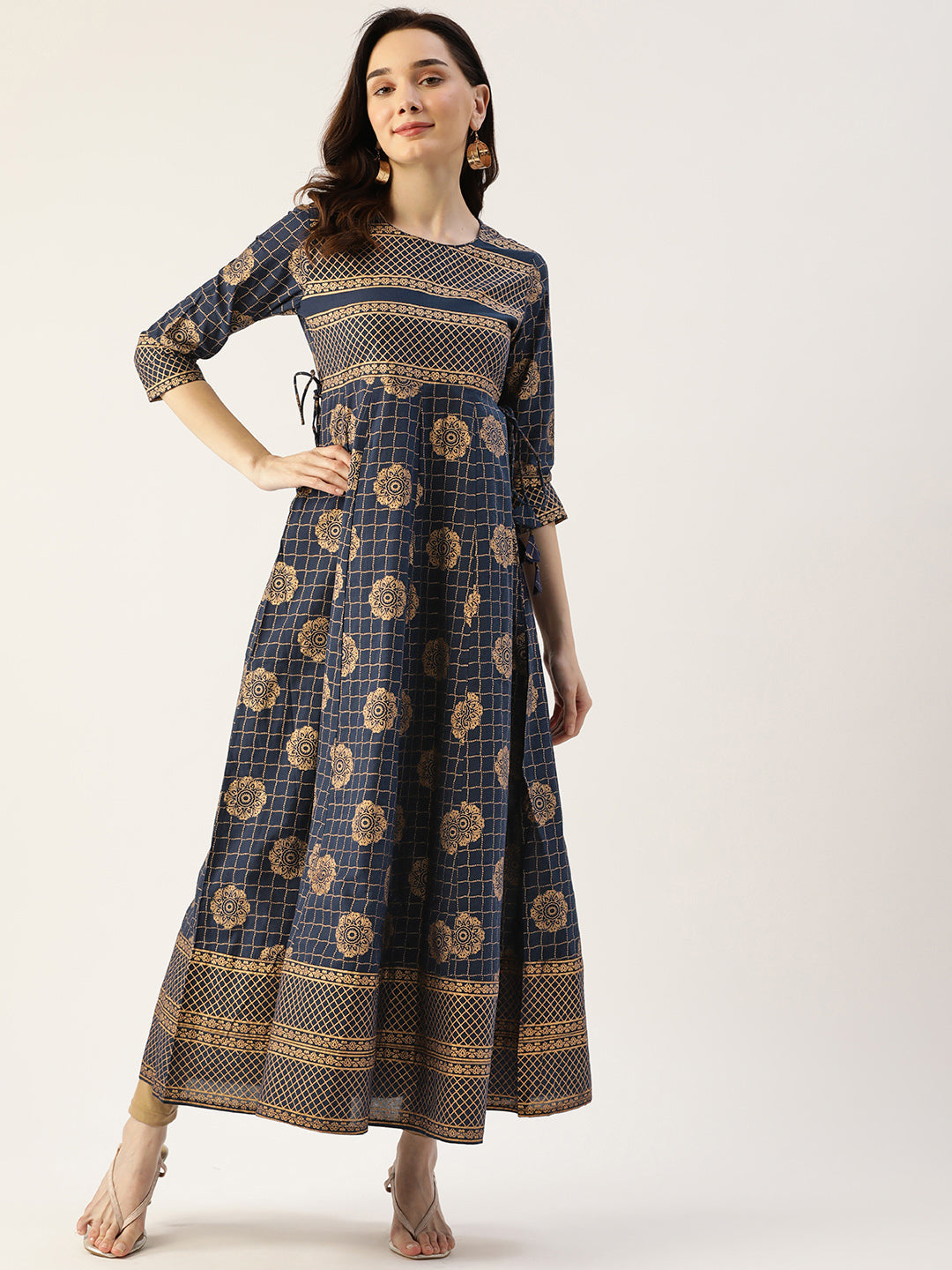 Gold Print Cotton Blend Anarkali Kurta  (Blue)