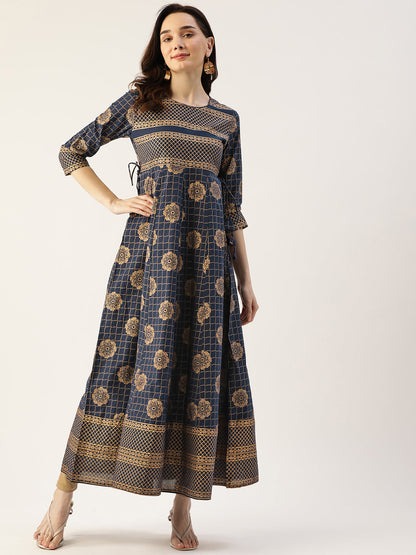 Gold Print Cotton Blend Anarkali Kurta  (Blue)