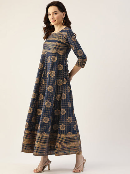 Gold Print Cotton Blend Anarkali Kurta  (Blue)