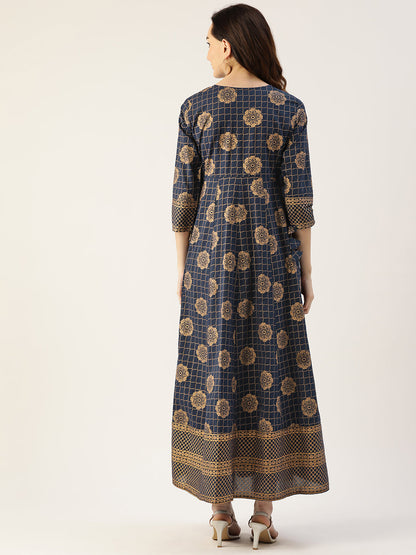 Gold Print Cotton Blend Anarkali Kurta  (Blue)