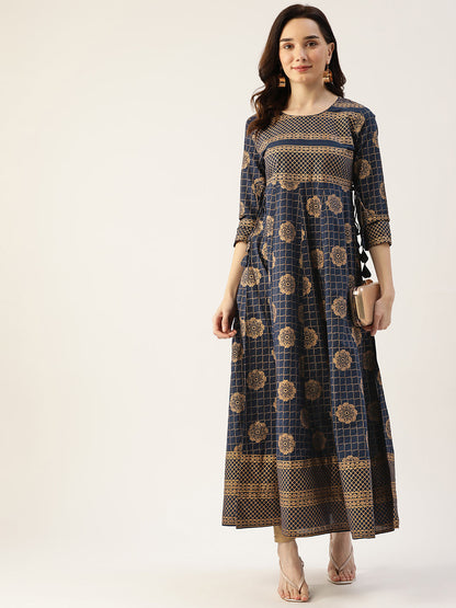 Gold Print Cotton Blend Anarkali Kurta  (Blue)