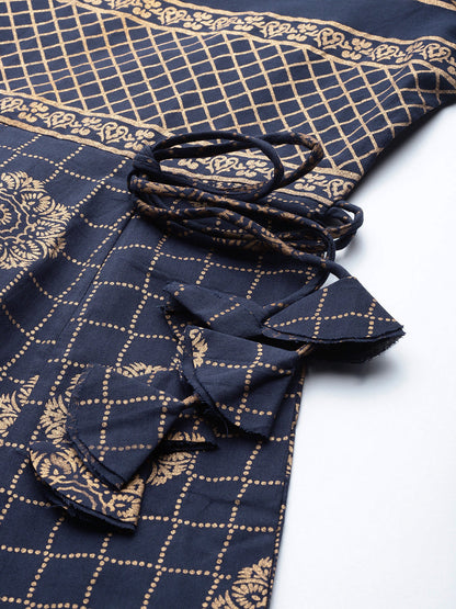 Gold Print Cotton Blend Anarkali Kurta  (Blue)