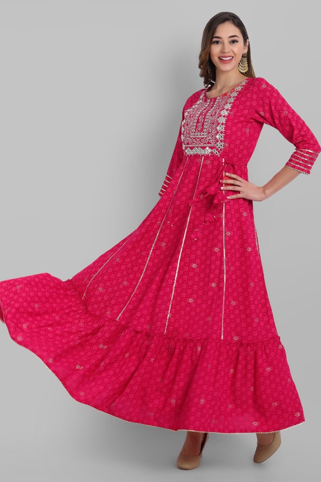 Fuchsia Rayon Festive Wear Embroidered Tiered Long Dress
