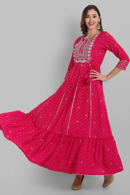 Fuchsia Rayon Festive Wear Embroidered Tiered Long Dress