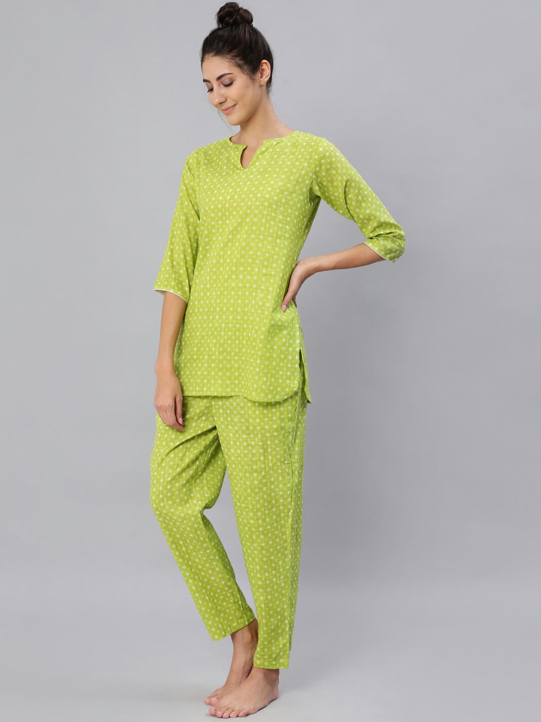 Women Green Printed Night Suit Set