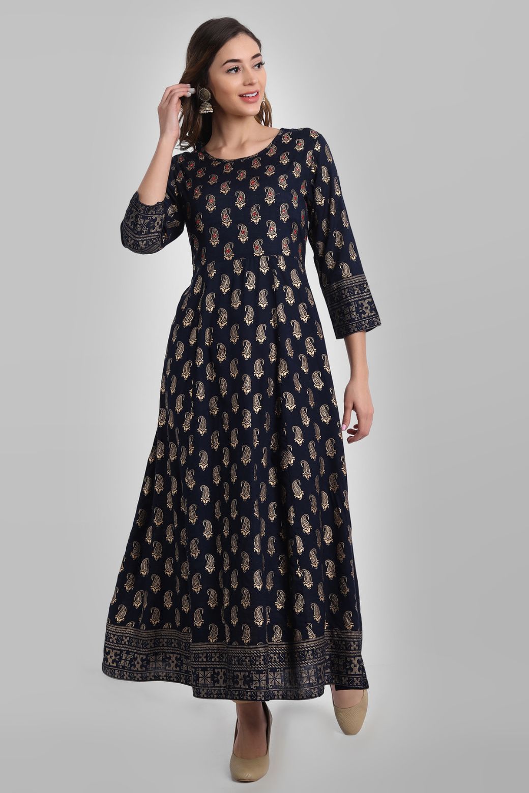 Navy Rayon Printed Flared Dress