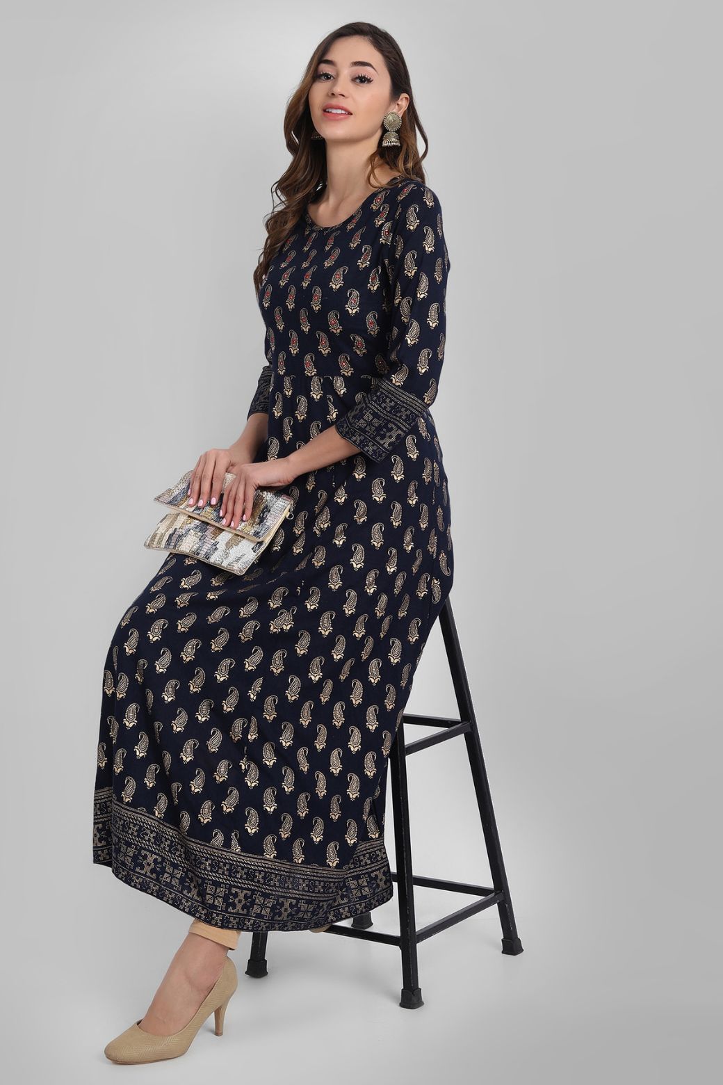 Navy Rayon Printed Flared Dress