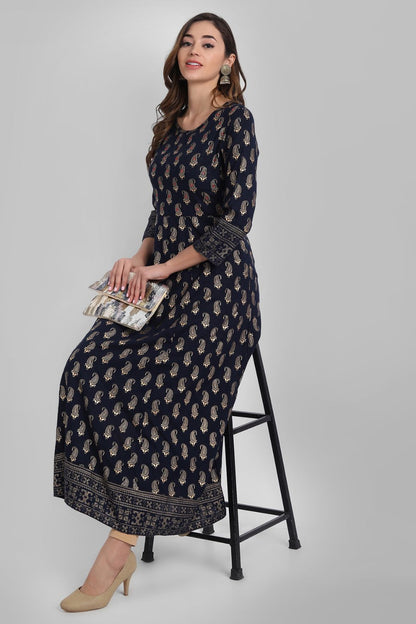 Navy Rayon Printed Flared Dress