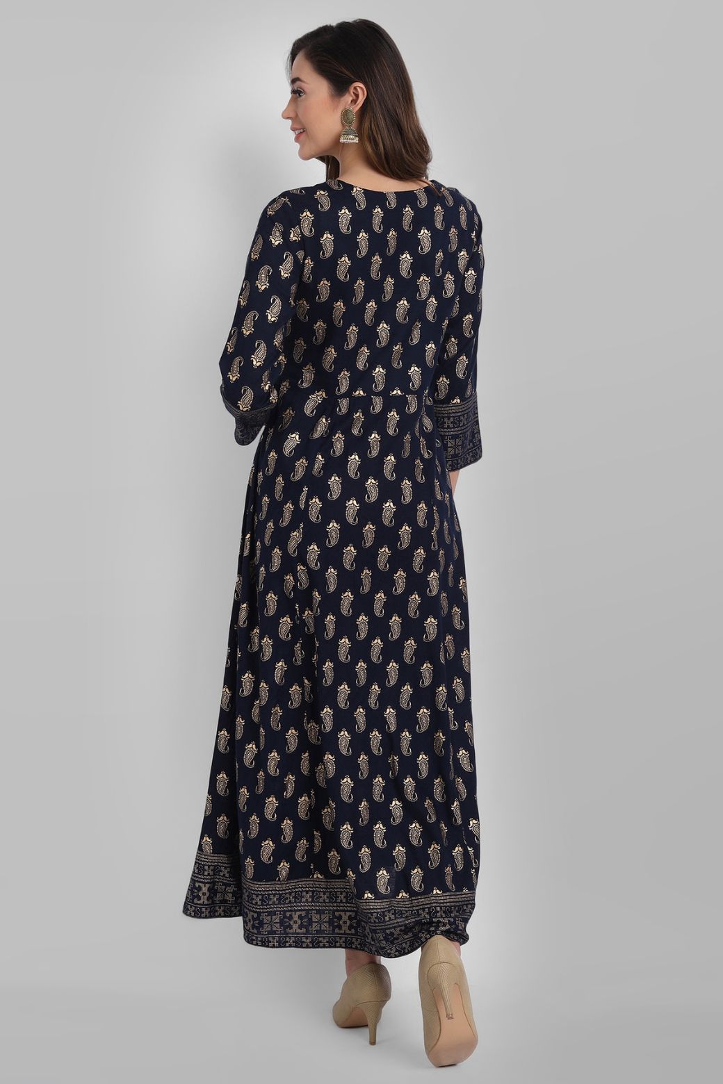 Navy Rayon Printed Flared Dress