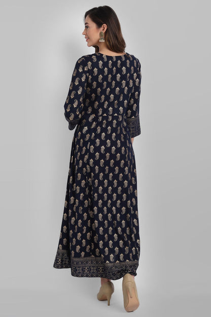 Navy Rayon Printed Flared Dress