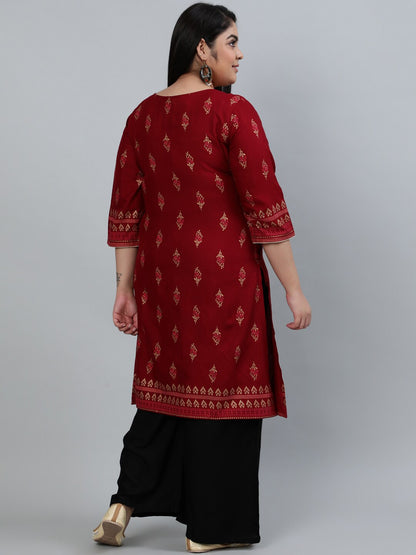 Plus Size Women Maroon & Gold Printed Staright Kurta With Three Quarter Sleeves