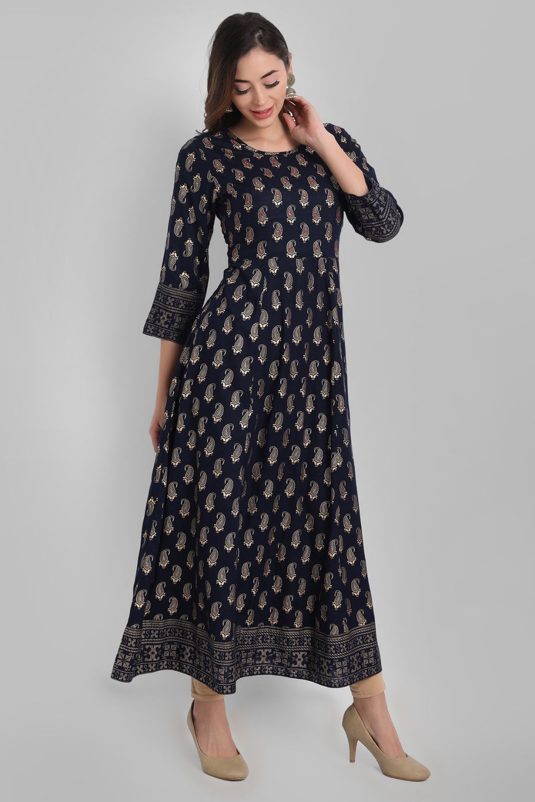 Navy Rayon Printed Flared Dress