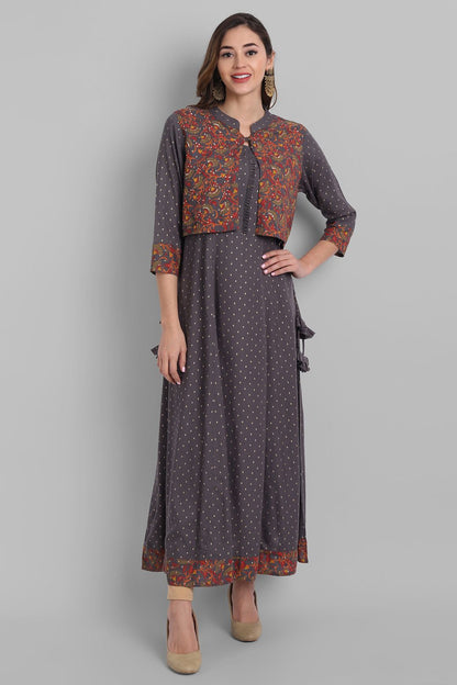 Grey Rayon Printed Flared Dress