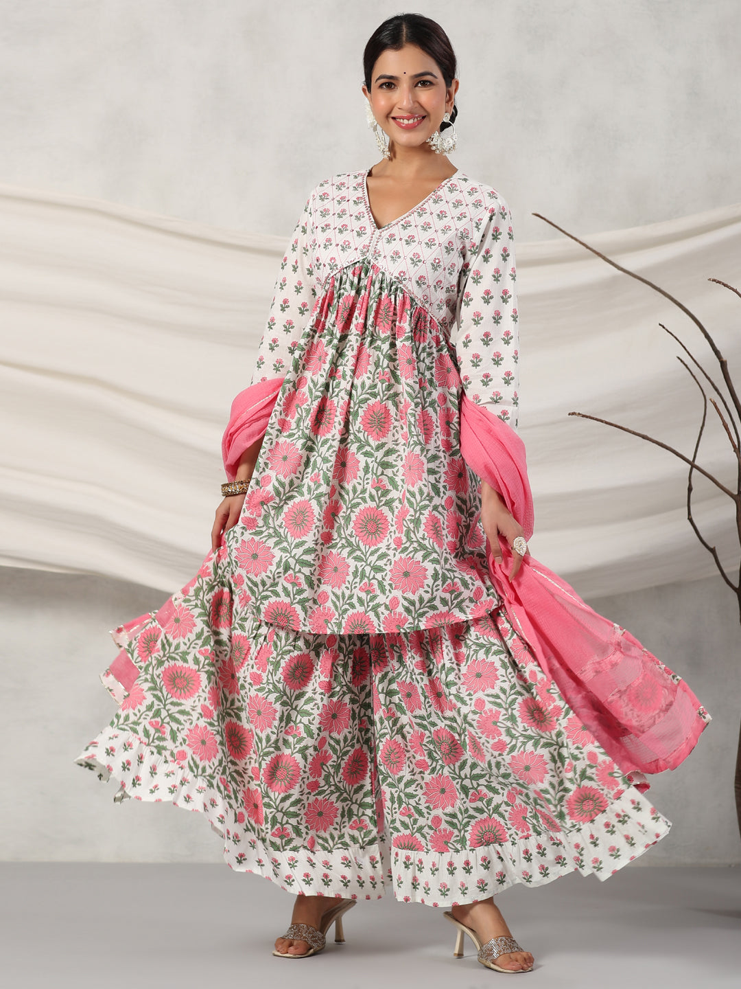 Flared Style Cotton Fabric Pink Color Kurta And Sharara With Dupatta