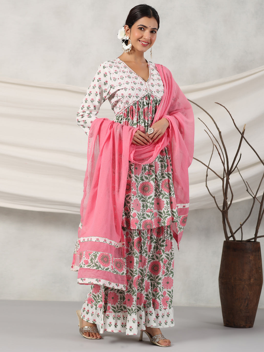 Flared Style Cotton Fabric Pink Color Kurta And Sharara With Dupatta