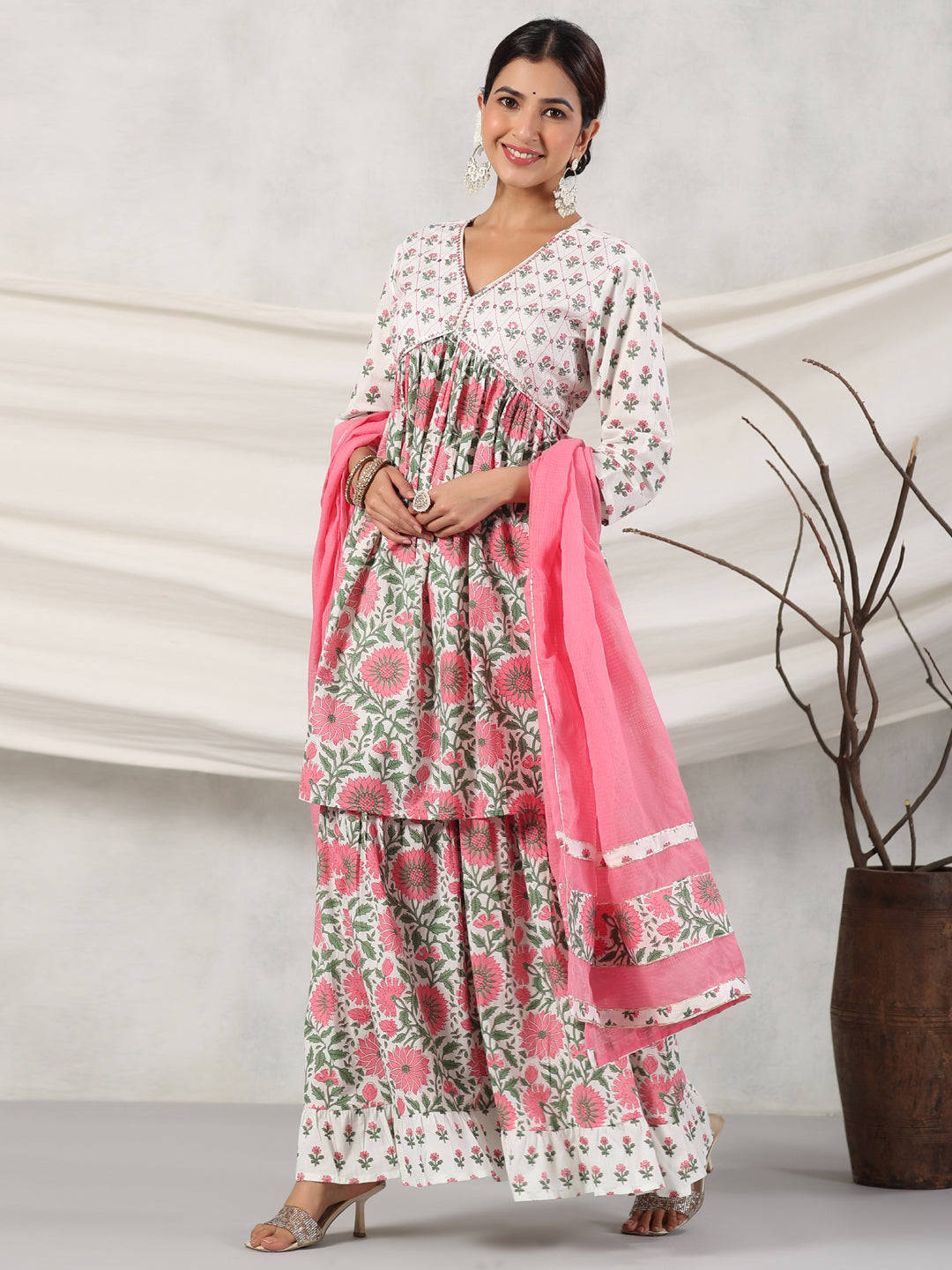 Flared Style Cotton Fabric Pink Color Kurta And Sharara With Dupatta
