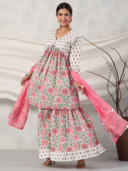 Flared Style Cotton Fabric Pink Color Kurta And Sharara With Dupatta