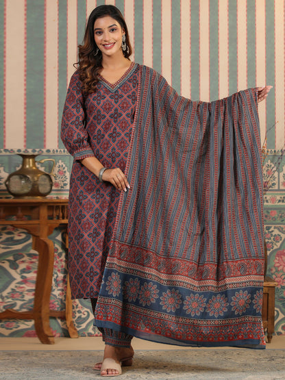 Straight Style Cotton Fabric Maroon Color Kurta And Bottom With Dupatta