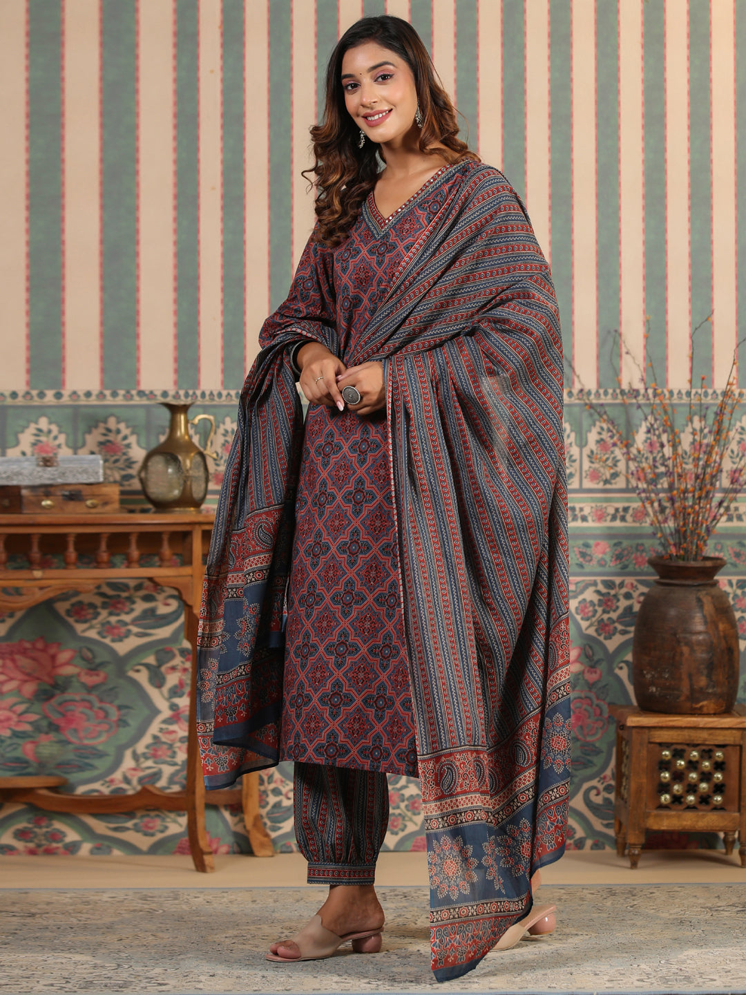 Straight Style Cotton Fabric Maroon Color Kurta And Bottom With Dupatta