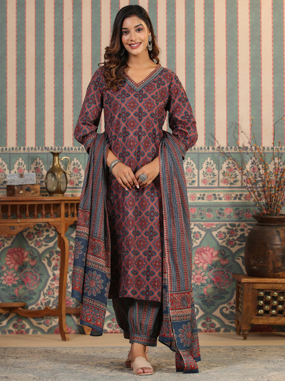 Straight Style Cotton Fabric Maroon Color Kurta And Bottom With Dupatta