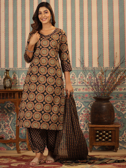 Straight Style Cotton Fabric Black Color Kurta And Bottom With Dupatta