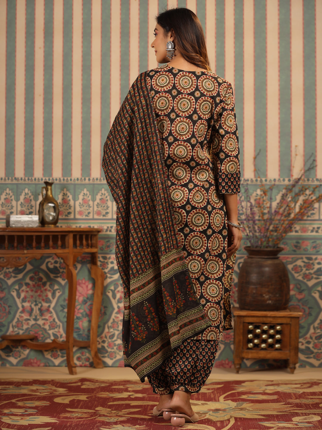 Straight Style Cotton Fabric Black Color Kurta And Bottom With Dupatta