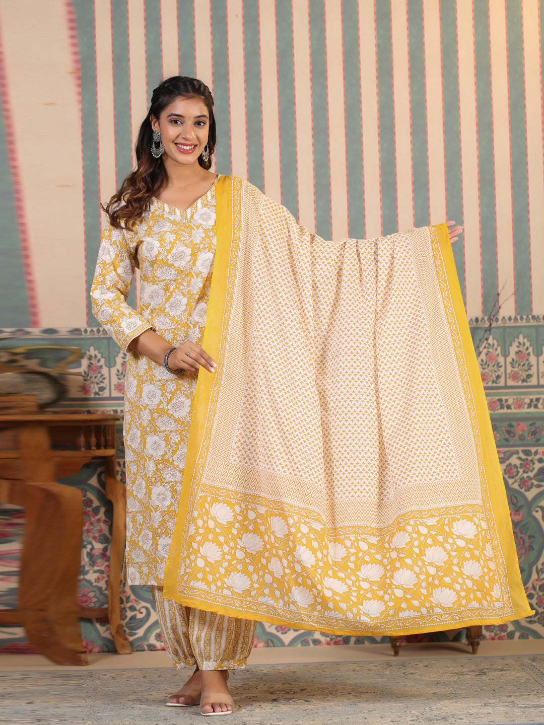 Straight Style Cotton Fabric Mustard Color Kurta And Bottom With Dupatta