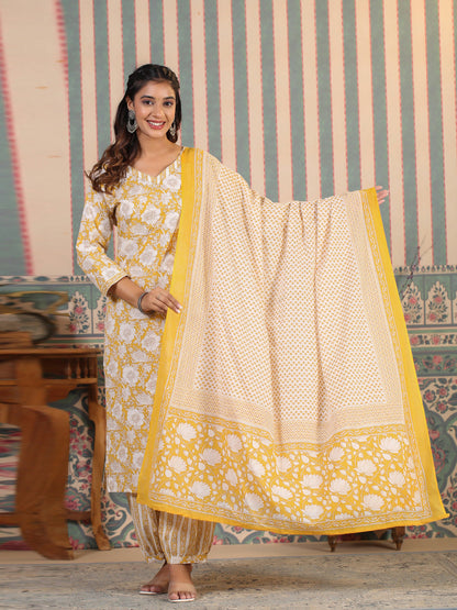 Straight Style Cotton Fabric Mustard Color Kurta And Bottom With Dupatta