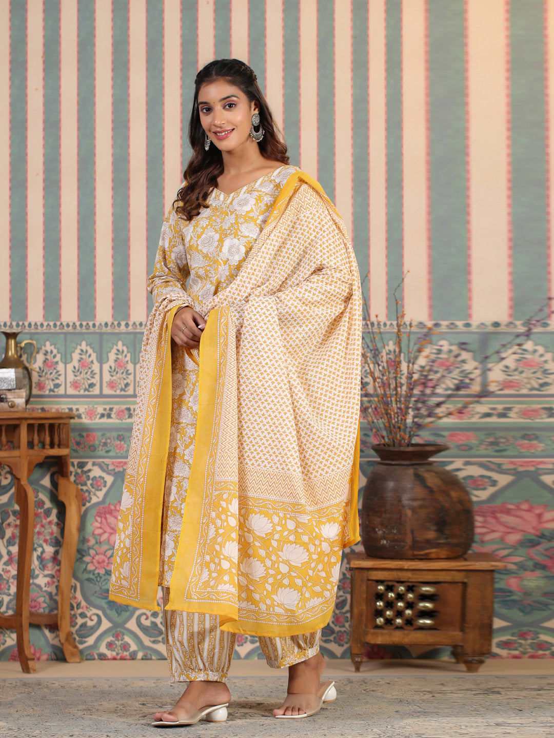 Straight Style Cotton Fabric Mustard Color Kurta And Bottom With Dupatta
