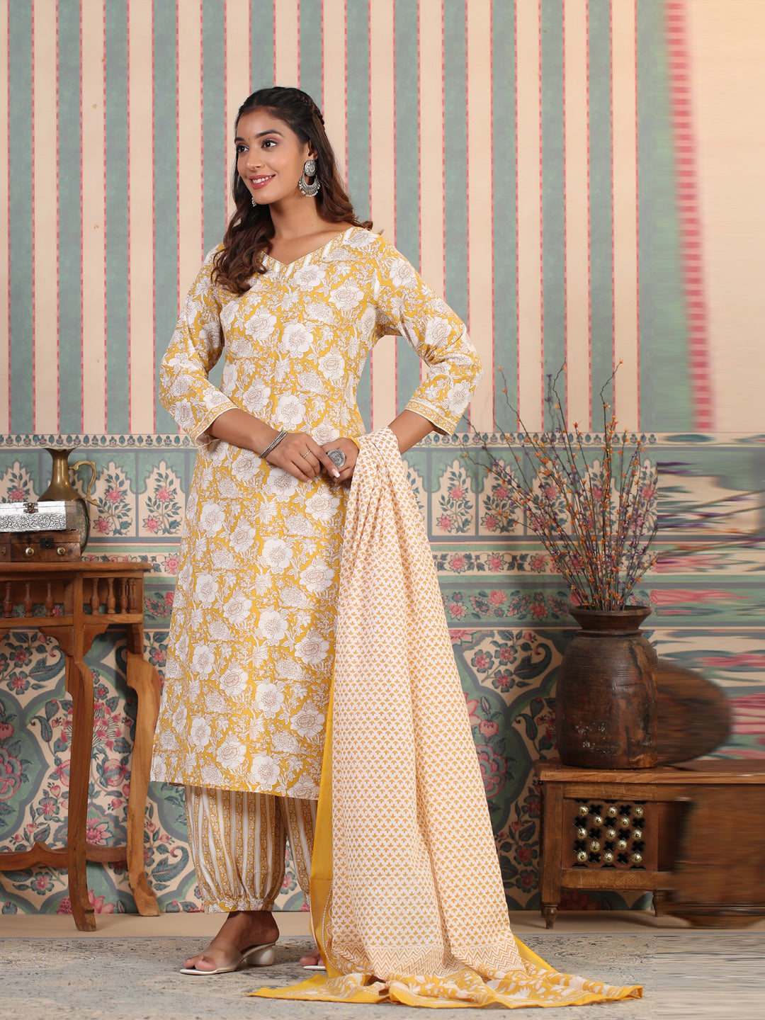 Straight Style Cotton Fabric Mustard Color Kurta And Bottom With Dupatta