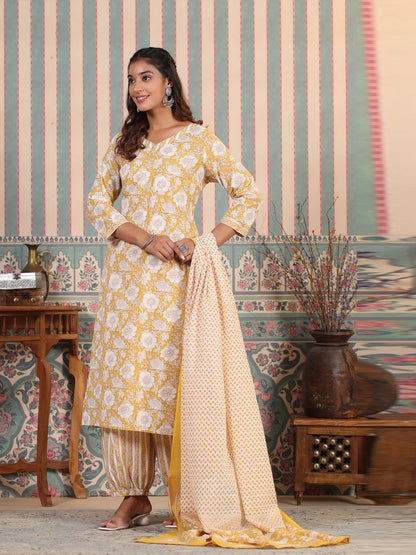 Straight Style Cotton Fabric Mustard Color Kurta And Bottom With Dupatta