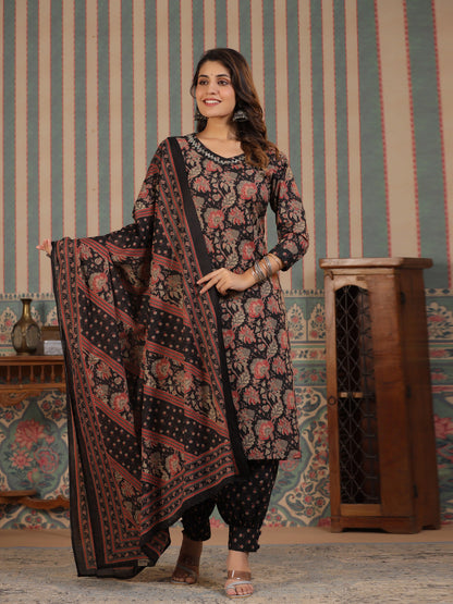 Straight Style Cotton Fabric Black Color Kurta And Bottom With Dupatta