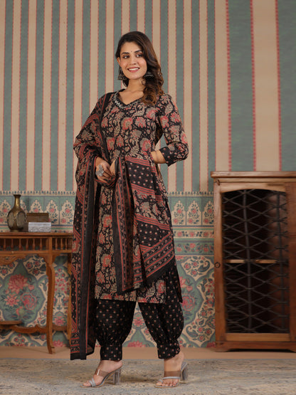 Straight Style Cotton Fabric Black Color Kurta And Bottom With Dupatta