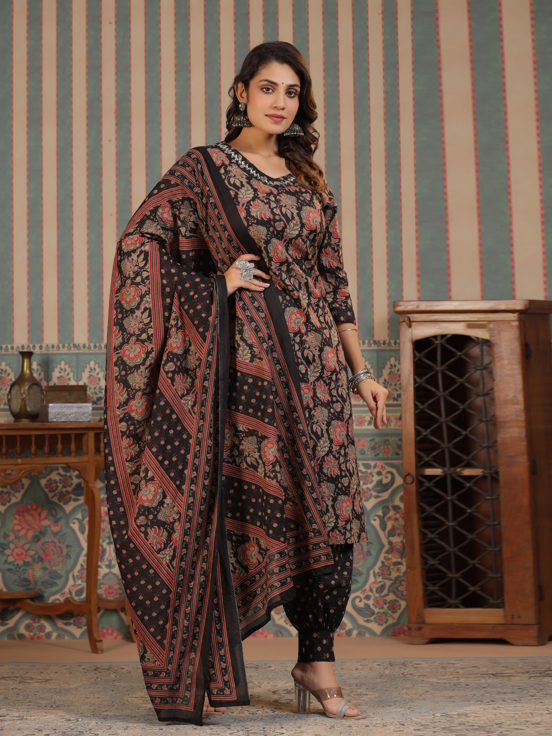 Straight Style Cotton Fabric Black Color Kurta And Bottom With Dupatta