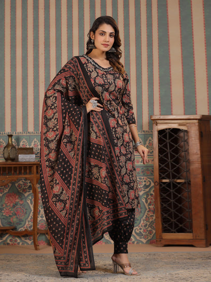 Straight Style Cotton Fabric Black Color Kurta And Bottom With Dupatta