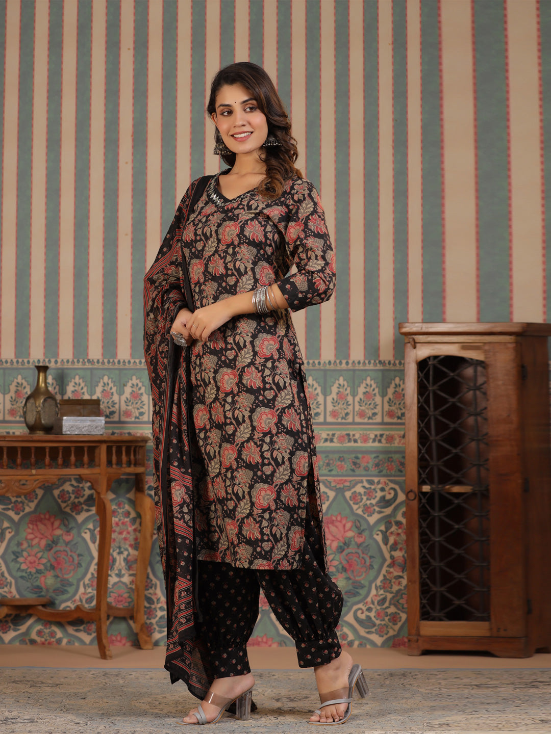 Straight Style Cotton Fabric Black Color Kurta And Bottom With Dupatta