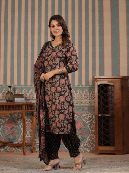 Straight Style Cotton Fabric Black Color Kurta And Bottom With Dupatta